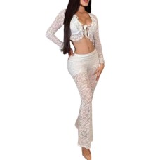 Open navel strap lace flared sleeve set for women