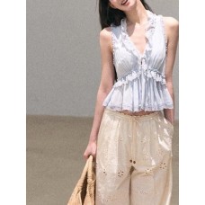 Embroidered Lace Lyocell Linen Strapless Crop Top Elegant Blouse
