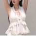 Embroidered Lace Lyocell Linen Strapless Crop Top Elegant Blouse
