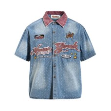 Embroidered fabric washed with water worn denim collar short sleeved shirt