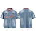 Embroidered fabric washed with water worn denim collar short sleeved shirt