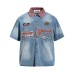 Embroidered fabric washed with water worn denim collar short sleeved shirt