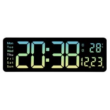 Large Digital Wall Clock with Remote Control, Temperature, Date, Week Display, Memory Function, Dual Alarms, and LED Wall Mount