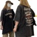 Cotton Heavyweight Cross Print Washed Distressed Short Sleeve T-Shirt Unisex Casual Loose Fit Couple Style INS