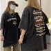 Cotton Heavyweight Cross Print Washed Distressed Short Sleeve T-Shirt Unisex Casual Loose Fit Couple Style INS