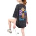 Oversize Washed Cotton Short Sleeve T-Shirt with Colorful Letter Print, Loose Fit Casual Top