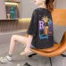 Oversize Washed Cotton Short Sleeve T-Shirt with Colorful Letter Print, Loose Fit Casual Top