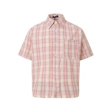Pink checkered hem with frayed edge design and a lapel short sleeved shirt Pink checkered hem with frayed edge design and a lapel short sleeved shirt