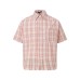 Pink checkered hem with frayed edge design and a lapel short sleeved shirt
