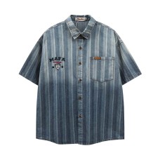 Striped gradient lapel short sleeved shirt Striped gradient lapel short sleeved shirt