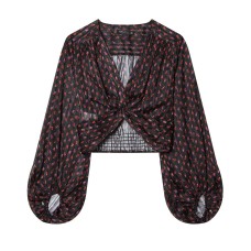 Elegant V-neck Long Sleeve Printed Top with Tie Detail for Women Elegant V-neck Long Sleeve Printed Top with Tie Detail for Women