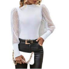 Half high neck bubble sleeve mesh patchwork top for women