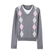 Chic Women's Knitwear with Mock Two-Piece Diamond Pattern