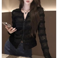 Elegant Lace Zippered Fitted Long Sleeve Women's Top with Round Neck in Black