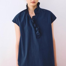 Drifting Moon Two-Tone Ruffled Neckline Literary-Style Sleeveless Top