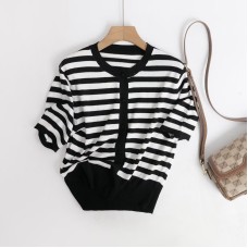 Style Stripe Short Sleeve Round Neck Knit Top Style Stripe Short Sleeve Round Neck Knit Top
