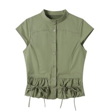 Style  Solid Color Short Sleeve Round Neck Decorative Top
