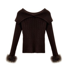 One-Shoulder Knit Top for Women with Ostrich Feather Sleeve