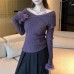 One-Shoulder Knit Top for Women with Ostrich Feather Sleeve
