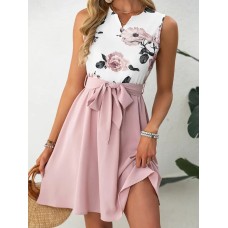 Chic Retro Polka Dot Floral Print Short Sleeve Round Neck Slim Fit Knee-Length Dress