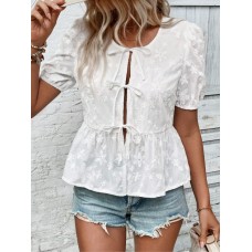 Charming Solid Color Sweet Round Neck Tied Lace Puff Sleeve Short Sleeve Blouse