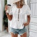 Charming Solid Color Sweet Round Neck Tied Lace Puff Sleeve Short Sleeve Blouse