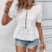 Charming Solid Color Sweet Round Neck Tied Lace Puff Sleeve Short Sleeve Blouse