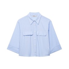 Striped hidden button pocket embellished short shirt Striped hidden button pocket embellished short shirt