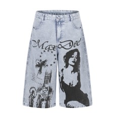 Character printed denim cropped pants