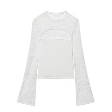 Lace patchwork hollow flared sleeve top