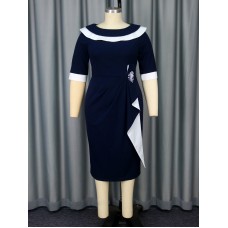 Collar and waist cinching patchwork slimming dress