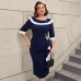 Collar and waist cinching patchwork slimming dress