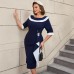 Collar and waist cinching patchwork slimming dress
