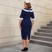 Collar and waist cinching patchwork slimming dress