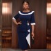 Collar and waist cinching patchwork slimming dress
