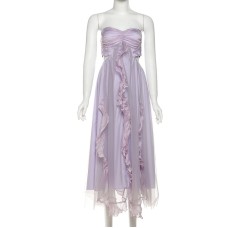 Elegant Sweet Pleated Hollow-Out Waist-Cutout Split Tulle Ruffled Strapless Dress Long Dress