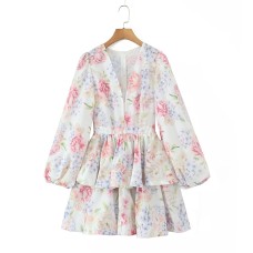 Style V-Neck Fitted Waist Lantern Sleeve Layered Hem Dress