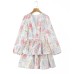 Style V-Neck Fitted Waist Lantern Sleeve Layered Hem Dress