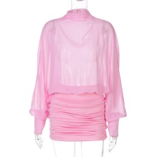 Elegant Semi-Transparent Backless Ruched Bodycon Mini Dress with Flowy Fit and Sexy Design Elegant Semi-Transparent Backless Ruched Bodycon Mini Dress with Flowy Fit and Sexy Design