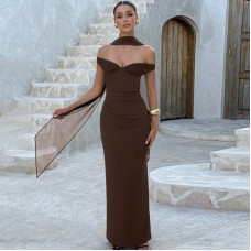 Elegant Mature Deep V Neck One-Shoulder Draped Belted Waist-Cinching Backless Sheath Dress