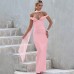 Elegant Mature Deep V Neck One-Shoulder Draped Belted Waist-Cinching Backless Sheath Dress