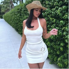 Fashionable Summer Low-Cut Ribbed Strap Metal Ring Spliced High-Waisted Strap Dress