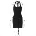 Fashionable Summer Low-Cut Ribbed Strap Metal Ring Spliced High-Waisted Strap Dress