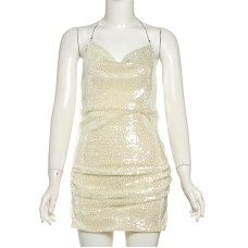 Chic Sexy Low-Cut Metal Chain Back Cut-Out Side Slit Sequin Strap Mini Dress