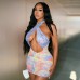 Chic Backless Jacquard Sleeveless Hollow-Out Bodycon Colorful Tie-Dye Fitted Dress