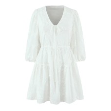 V-neck Dress with 3D Floral Embroidery Slim Fit Long Sleeve