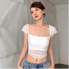 Chic Sheer Mesh Crop Top with Three-Quarter Sleeves, Soft V-Neckline, Breathable Lightweight Fabric, Casual Office Wear for Women