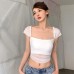 Chic Sheer Mesh Crop Top with Three-Quarter Sleeves, Soft V-Neckline, Breathable Lightweight Fabric, Casual Office Wear for Women