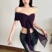 Chic Ruched Ribbon Design Asymmetrical Off-Shoulder Mesh Crop Top with Irregular Hem