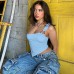 Irregular Asymmetrical Neckline Off-Shoulder Metal Ring Spliced Gathered Midriff Strap Top